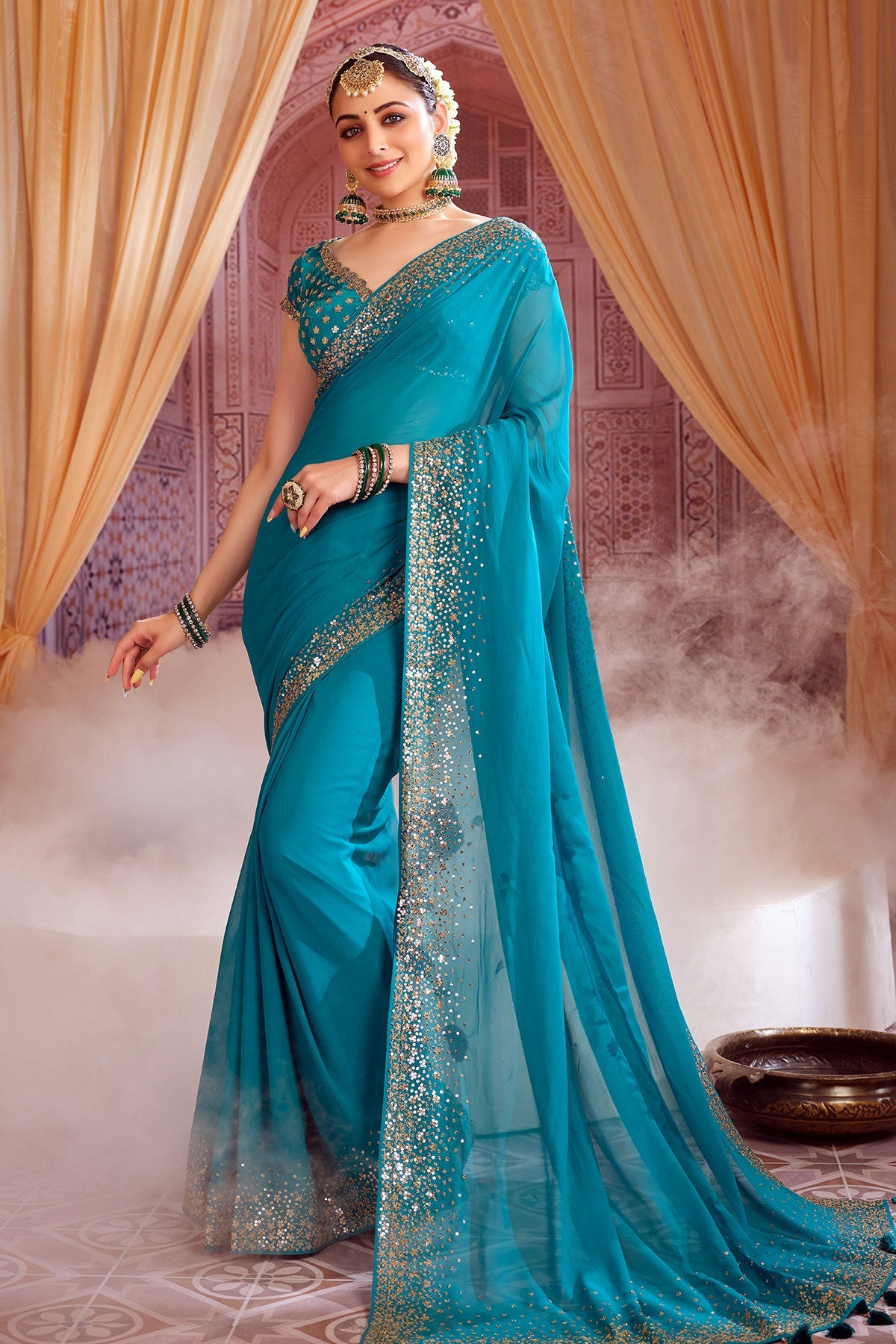 Rama Georgette Zari and Sequins Embroidered Saree