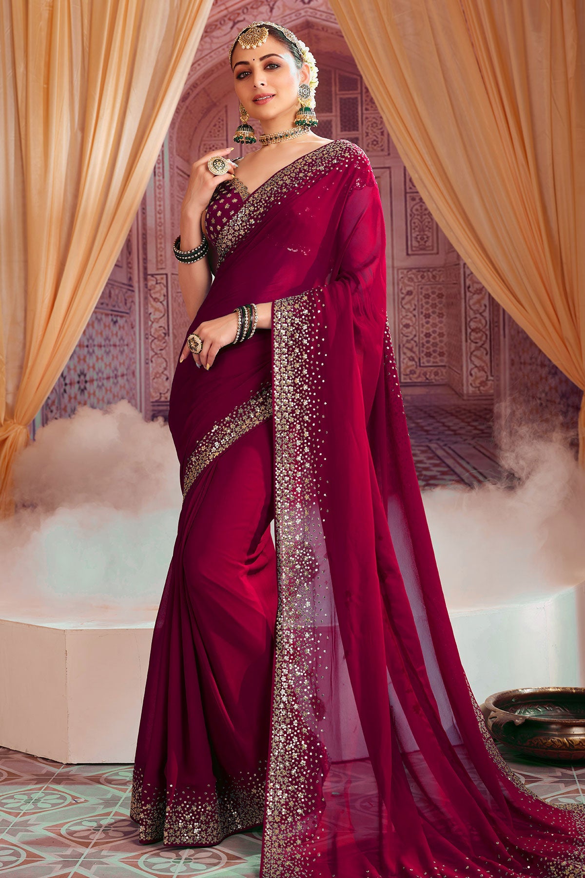 Rani Georgette Zari and Sequins Embroidered Saree