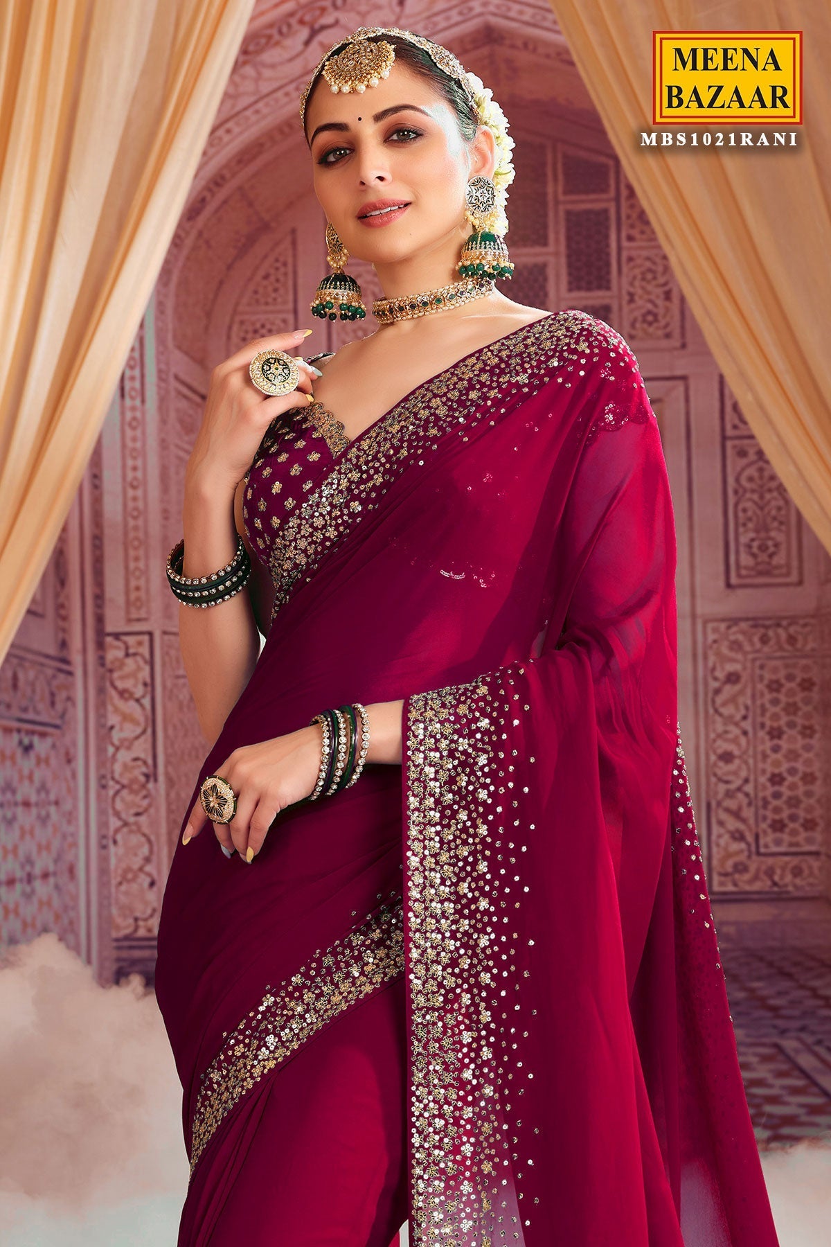 Rani Georgette Zari and Sequins Embroidered Saree