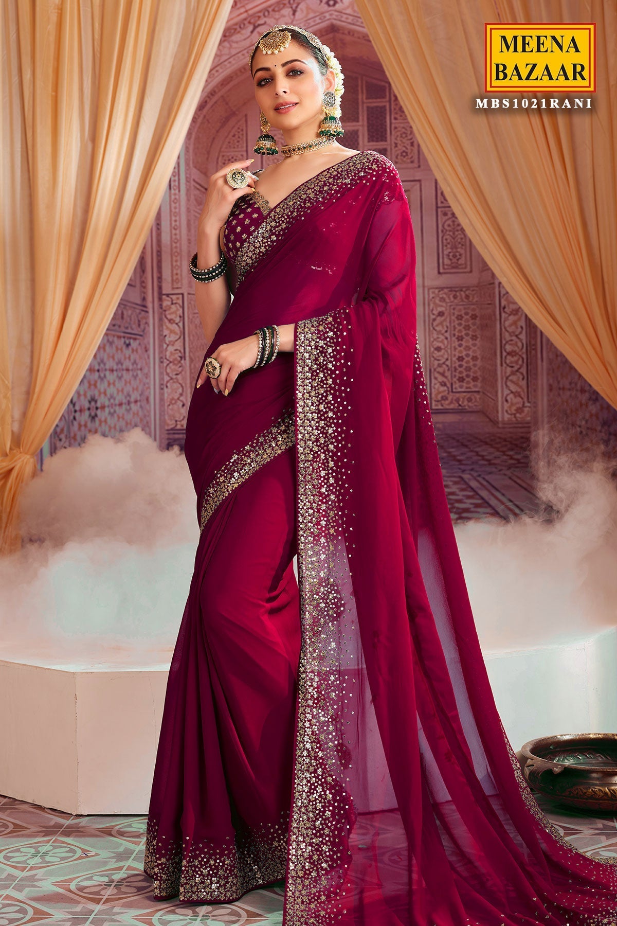 Rani Georgette Zari and Sequins Embroidered Saree