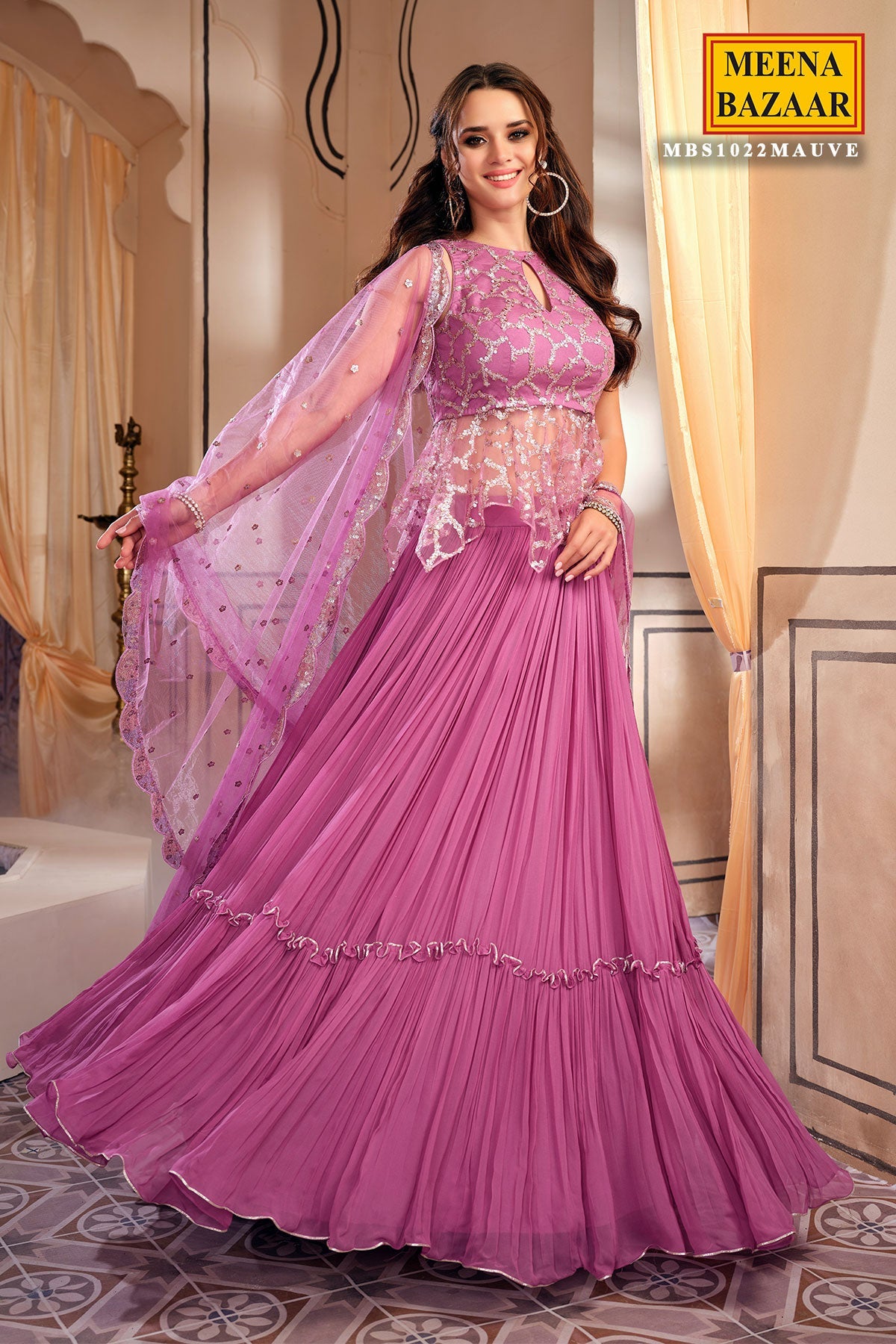 Mauve Georgette Sequins Embroidered Lehenga