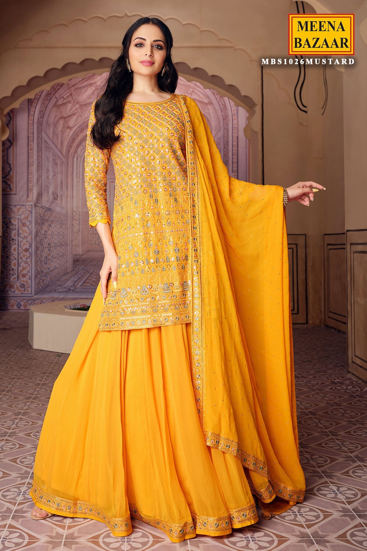 Mustard Georgette with Zari Sequins Embroidered Suit