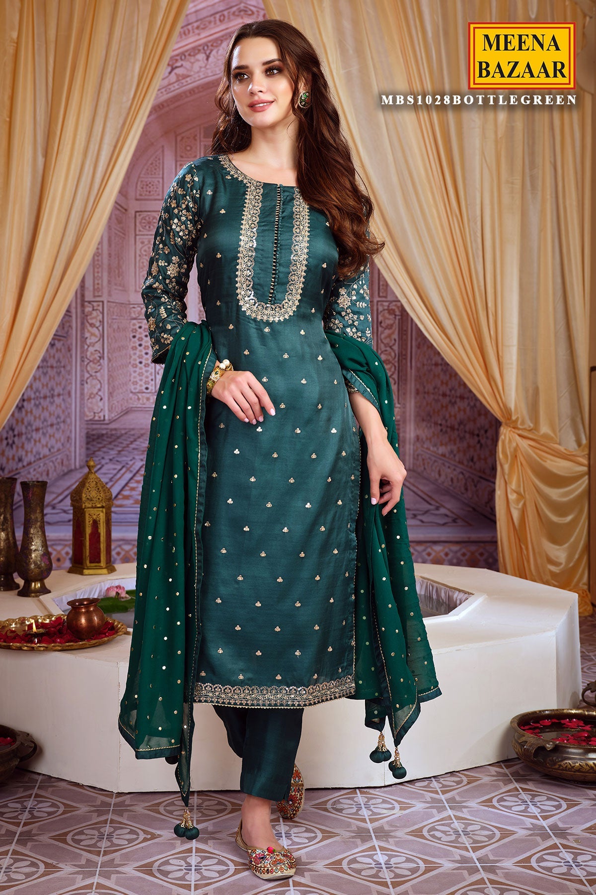 Bottle Green Maslin Zari Sequins Embroidered Unstitched Suit