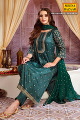 Bottle Green Maslin Zari Sequins Embroidered Unstitched Suit