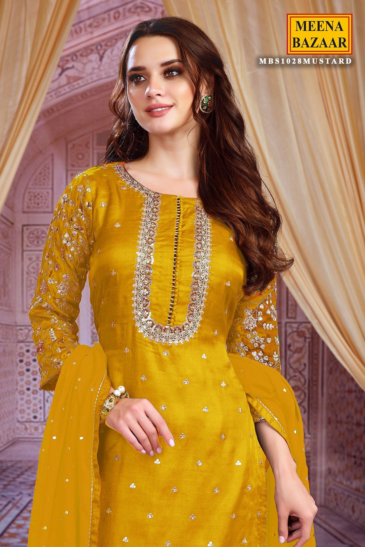 Mustard Zari and Sequins Embroidered Unstitched Suit