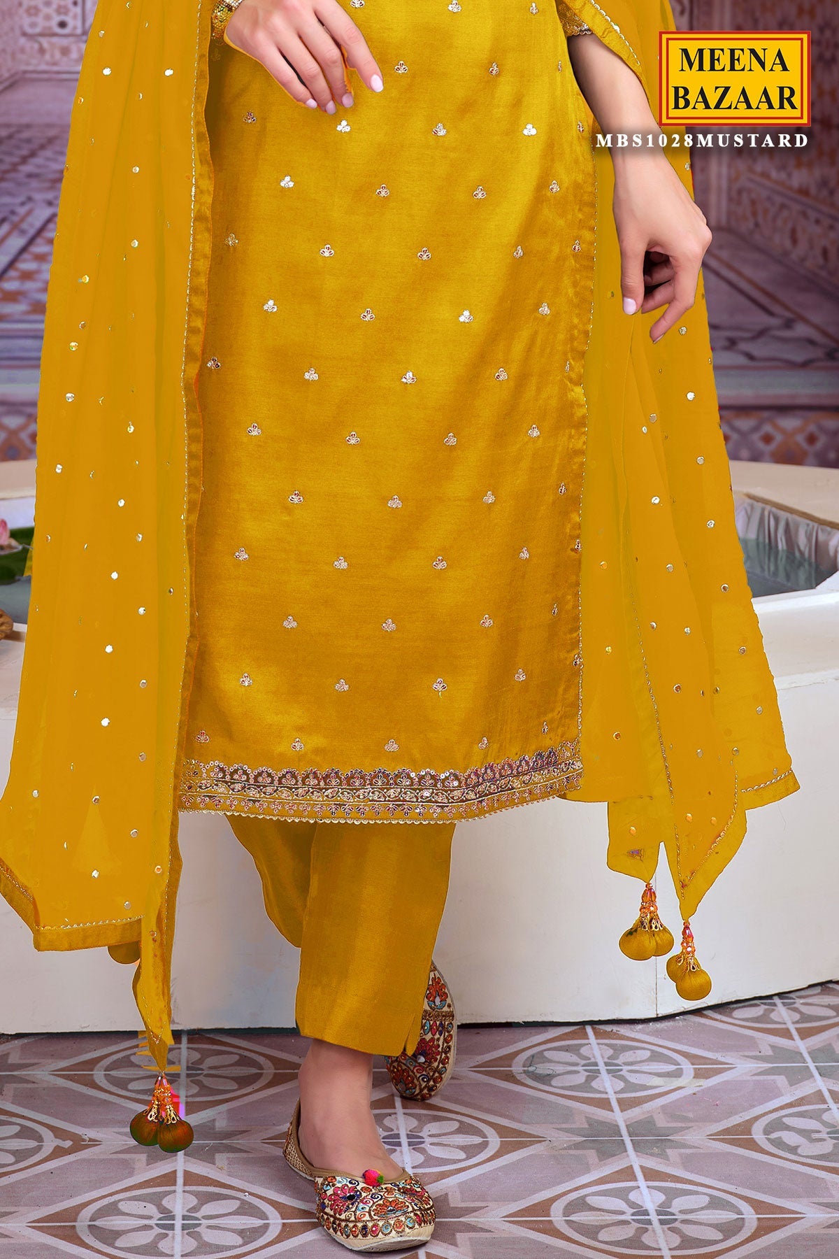 Mustard Zari and Sequins Embroidered Unstitched Suit