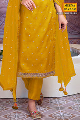 Mustard Zari and Sequins Embroidered Unstitched Suit