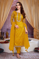 Mustard Zari and Sequins Embroidered Unstitched Suit