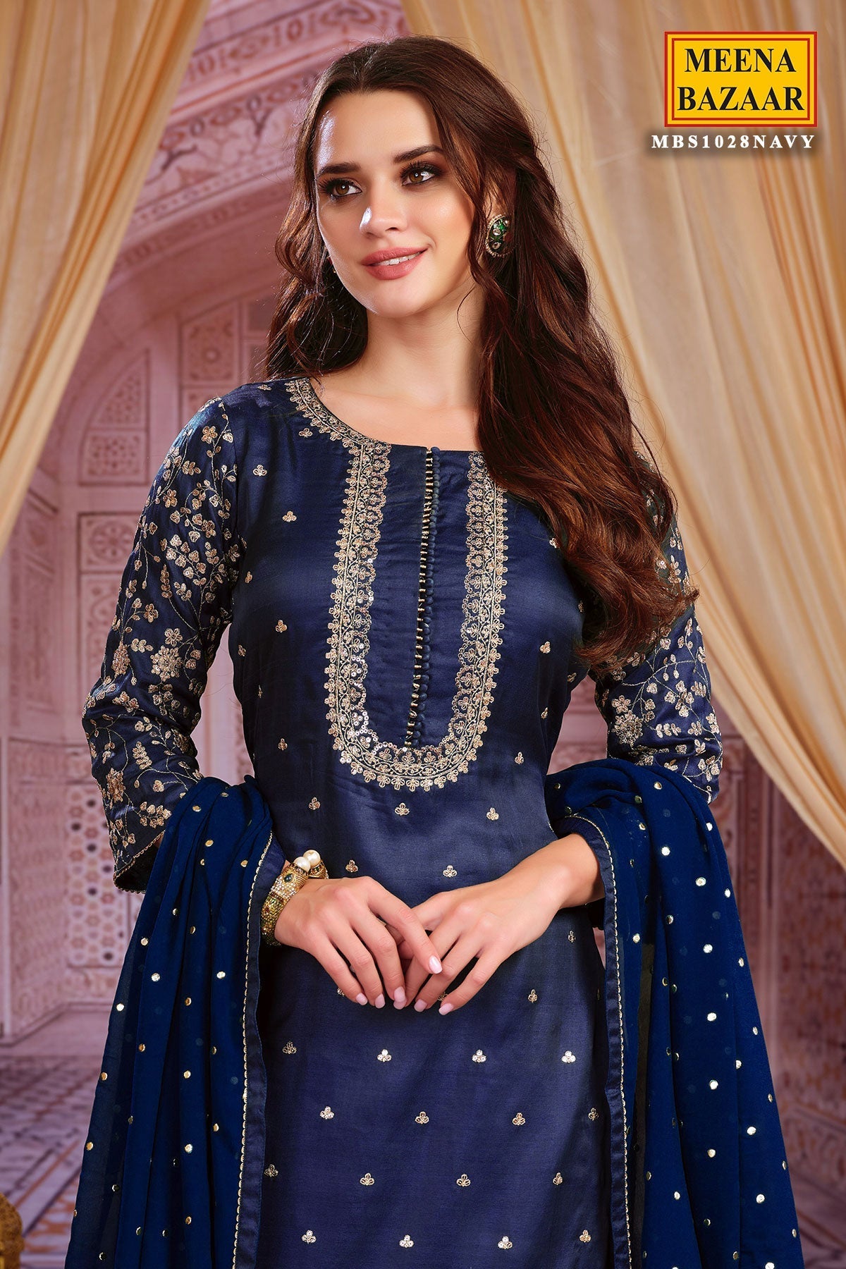 Navy Silk Zari and Sequins Embroidered Unstitched Suit