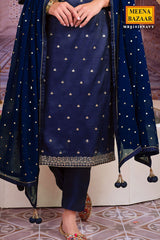 Navy Silk Zari and Sequins Embroidered Unstitched Suit