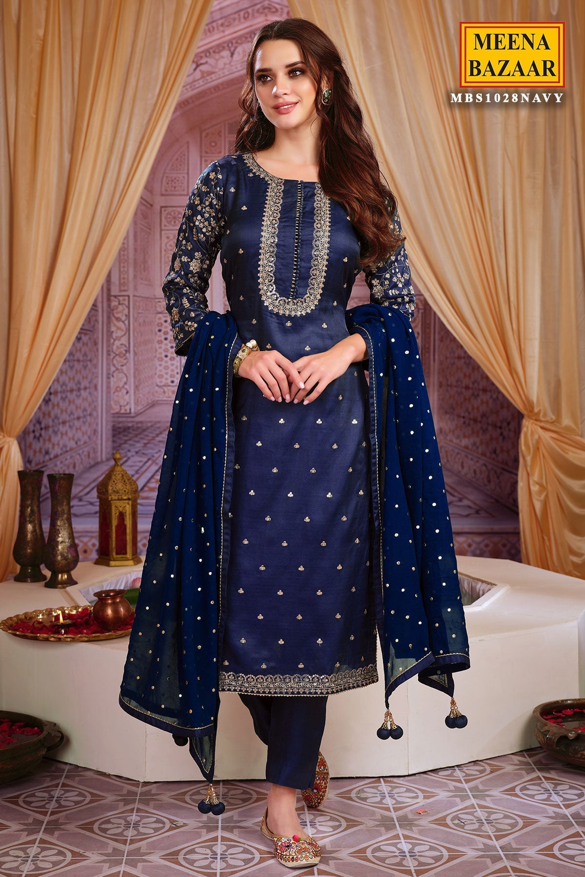 Navy Silk Zari and Sequins Embroidered Unstitched Suit