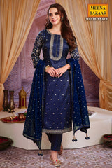 Navy Silk Zari and Sequins Embroidered Unstitched Suit