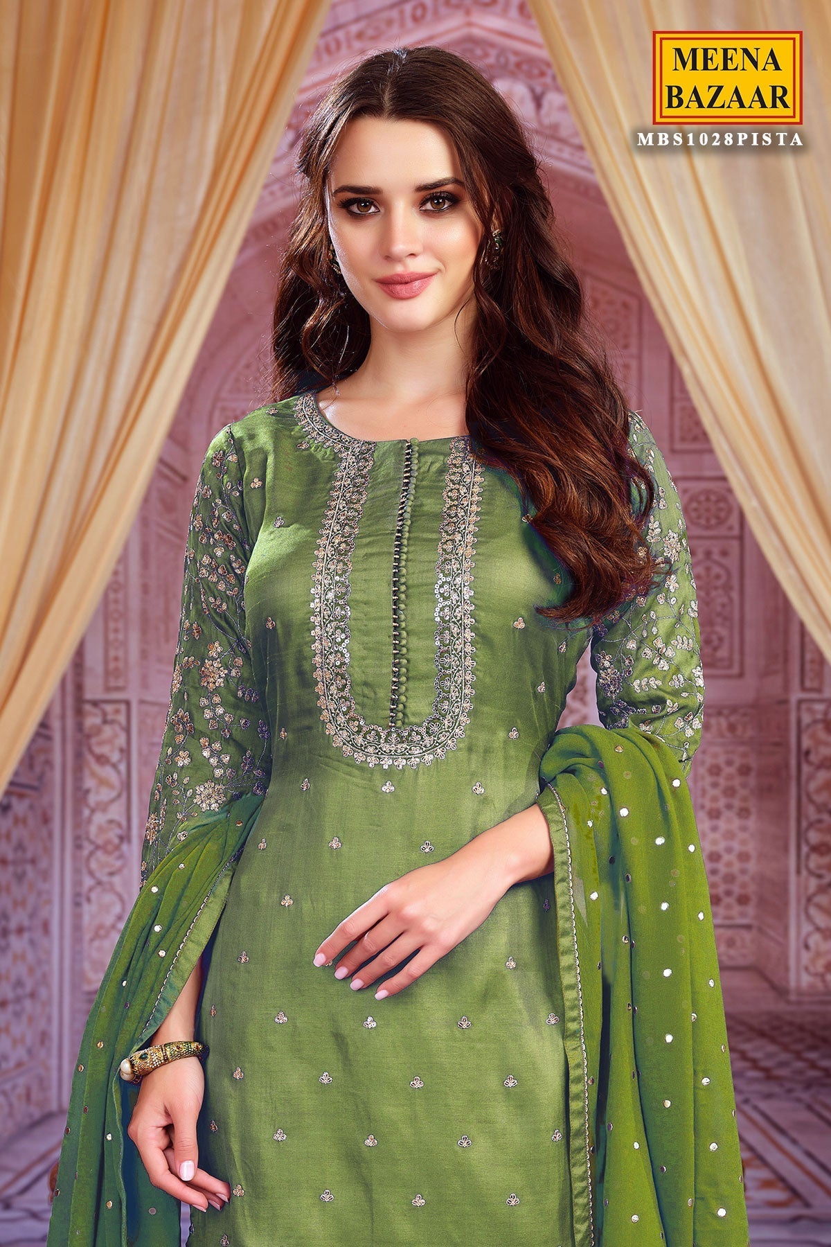 Pista Silk Zari Sequins Embroidered Unstitched Suit
