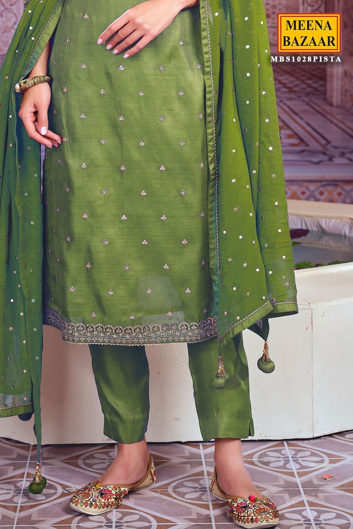 Pista Silk Zari Sequins Embroidered Unstitched Suit