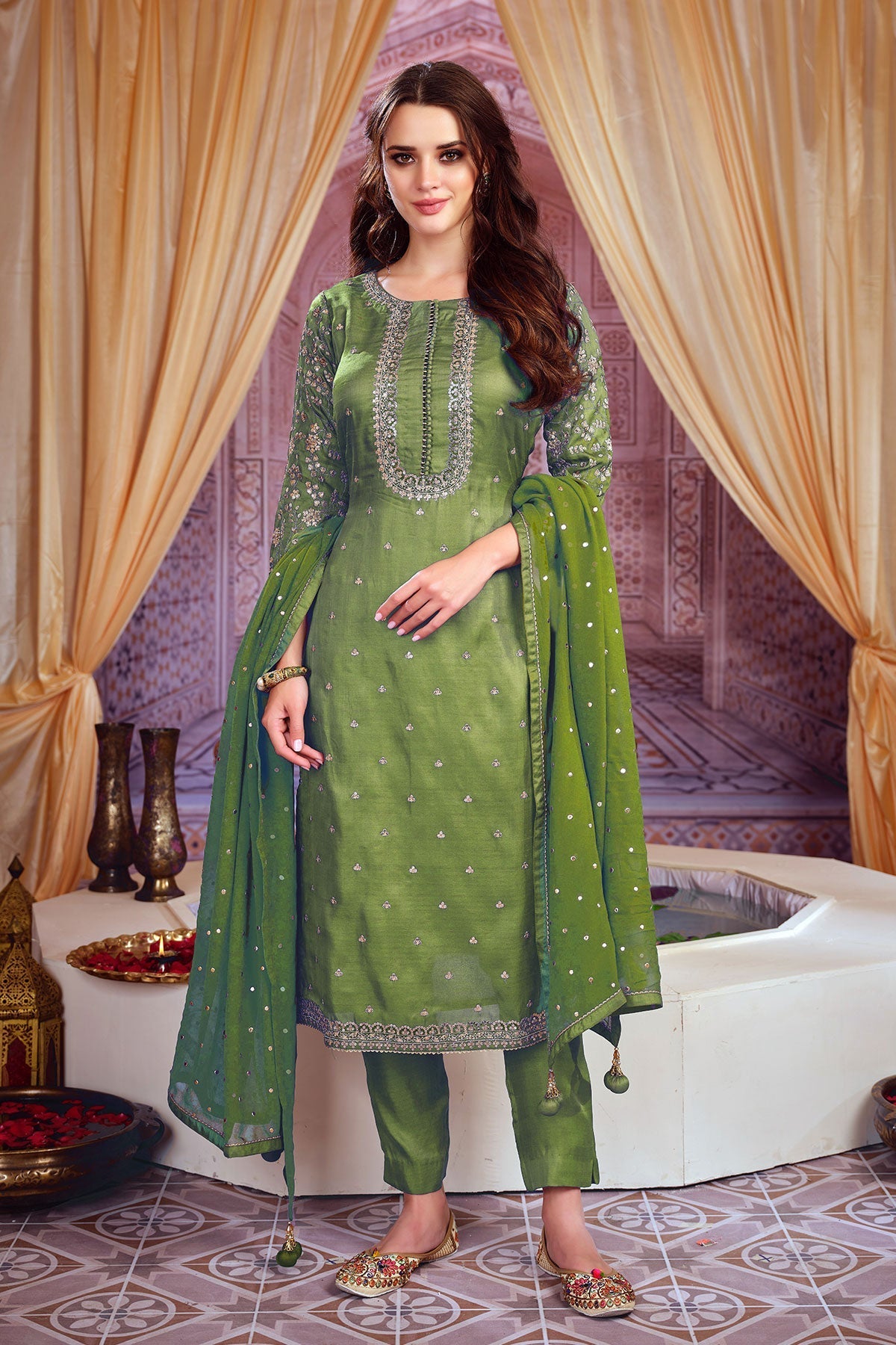 Pista Silk Zari Sequins Embroidered Unstitched Suit