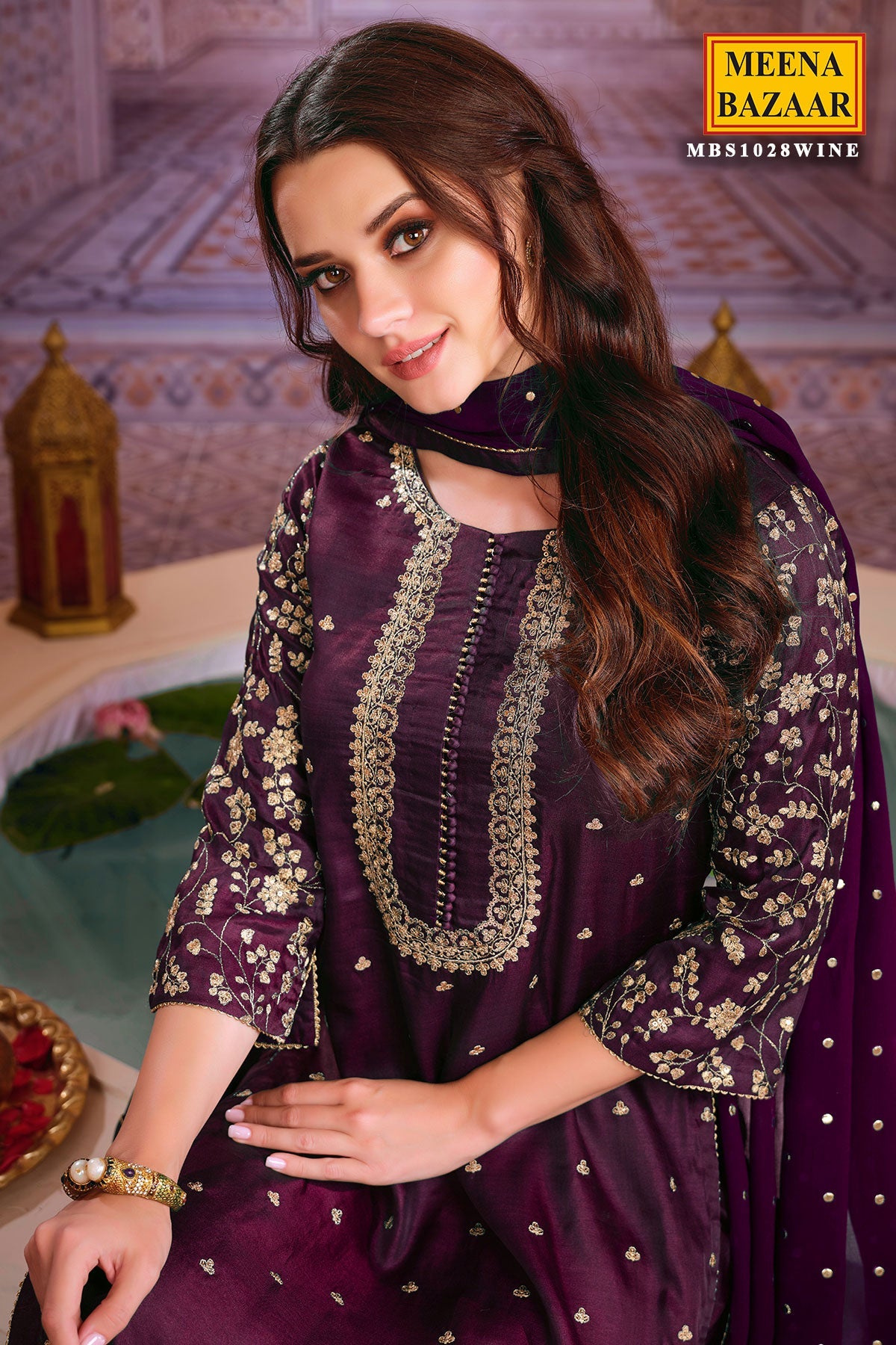 Wine Silk Zari and Sequins Embroidered Unstitched Suit