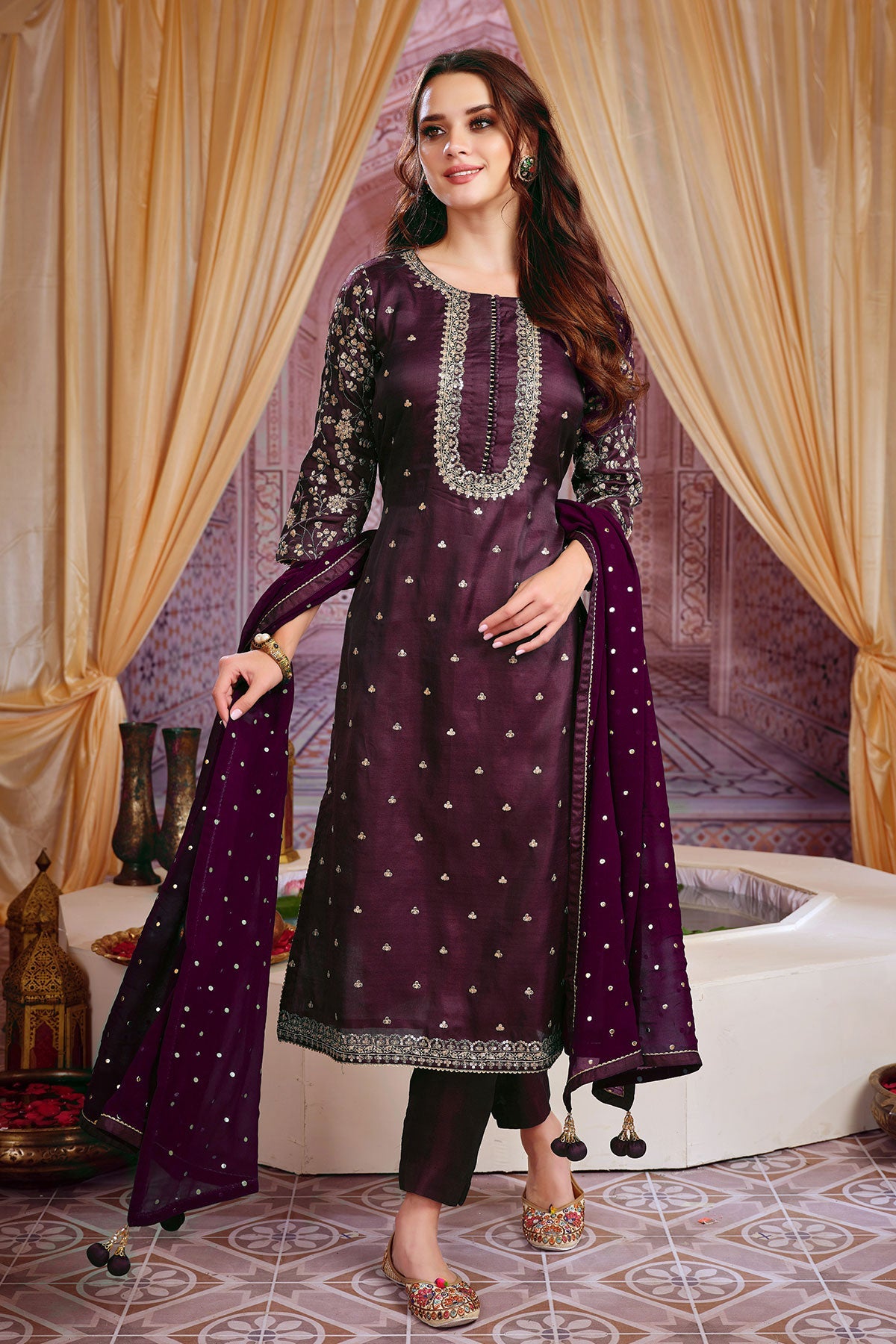 Wine Silk Zari and Sequins Embroidered Unstitched Suit
