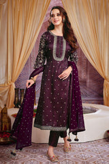 Wine Silk Zari and Sequins Embroidered Unstitched Suit