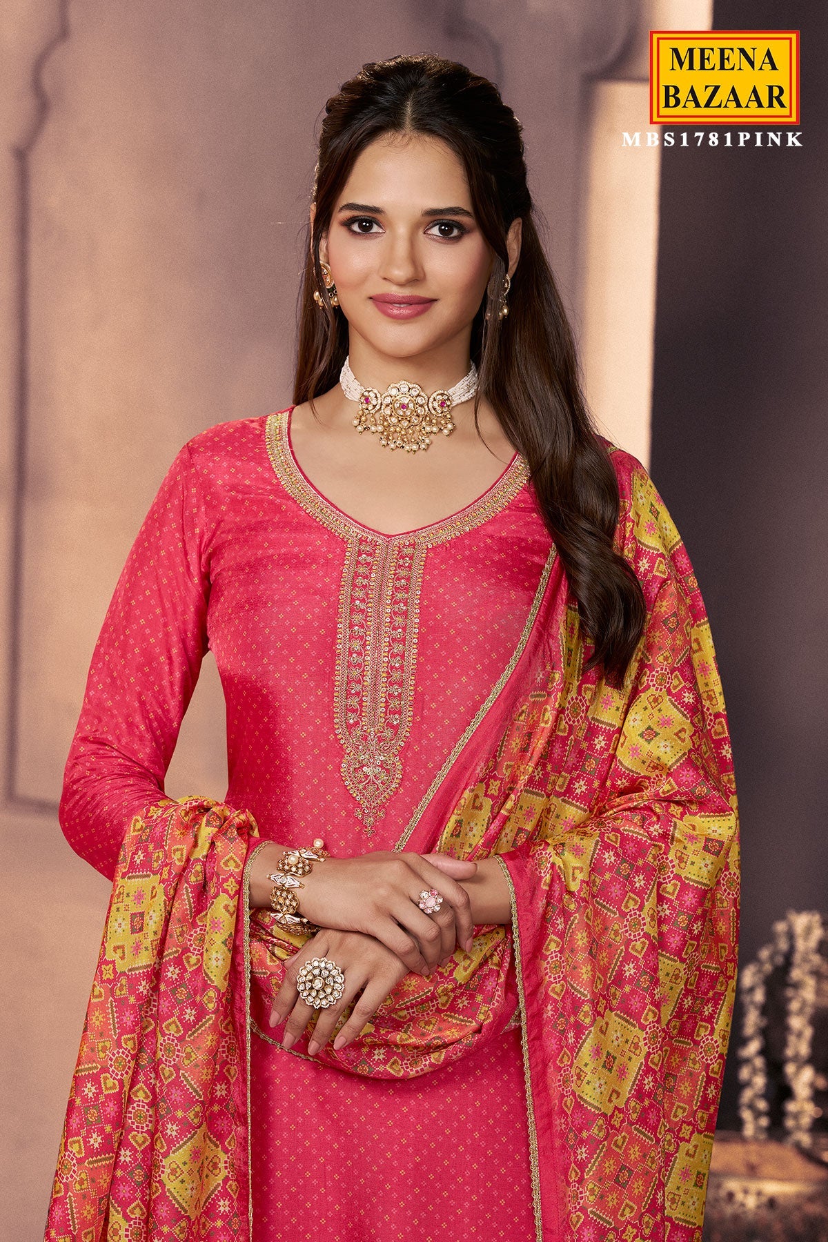 Pink Silk Ready Made Suit with Neck Embroidery