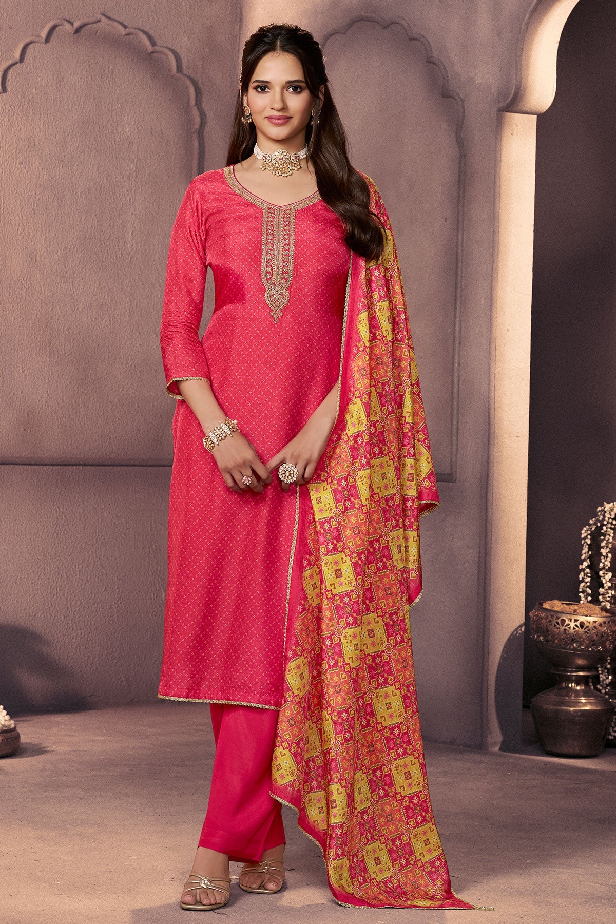 Pink Silk Ready Made Suit with Neck Embroidery