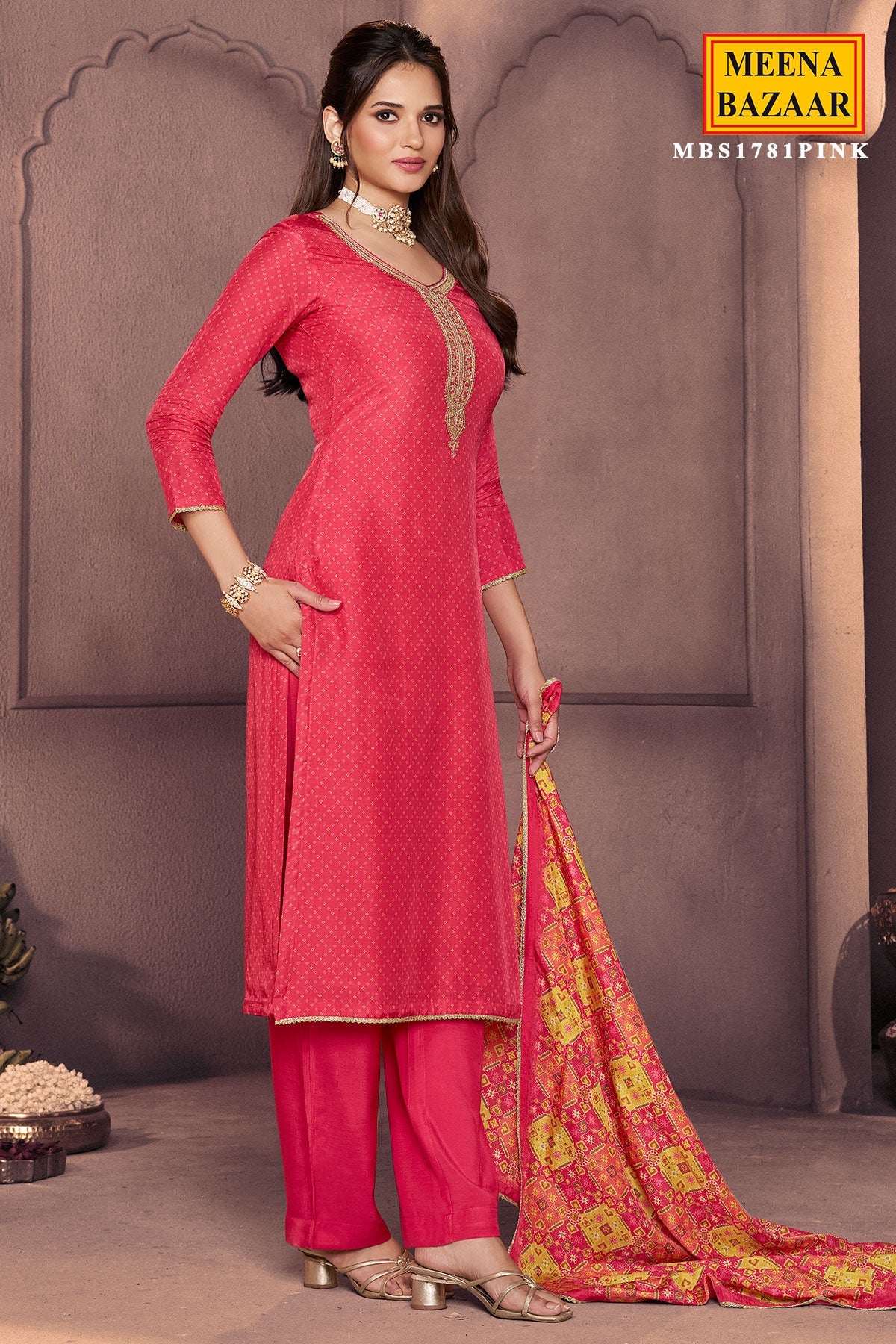 Pink Silk Ready Made Suit with Neck Embroidery