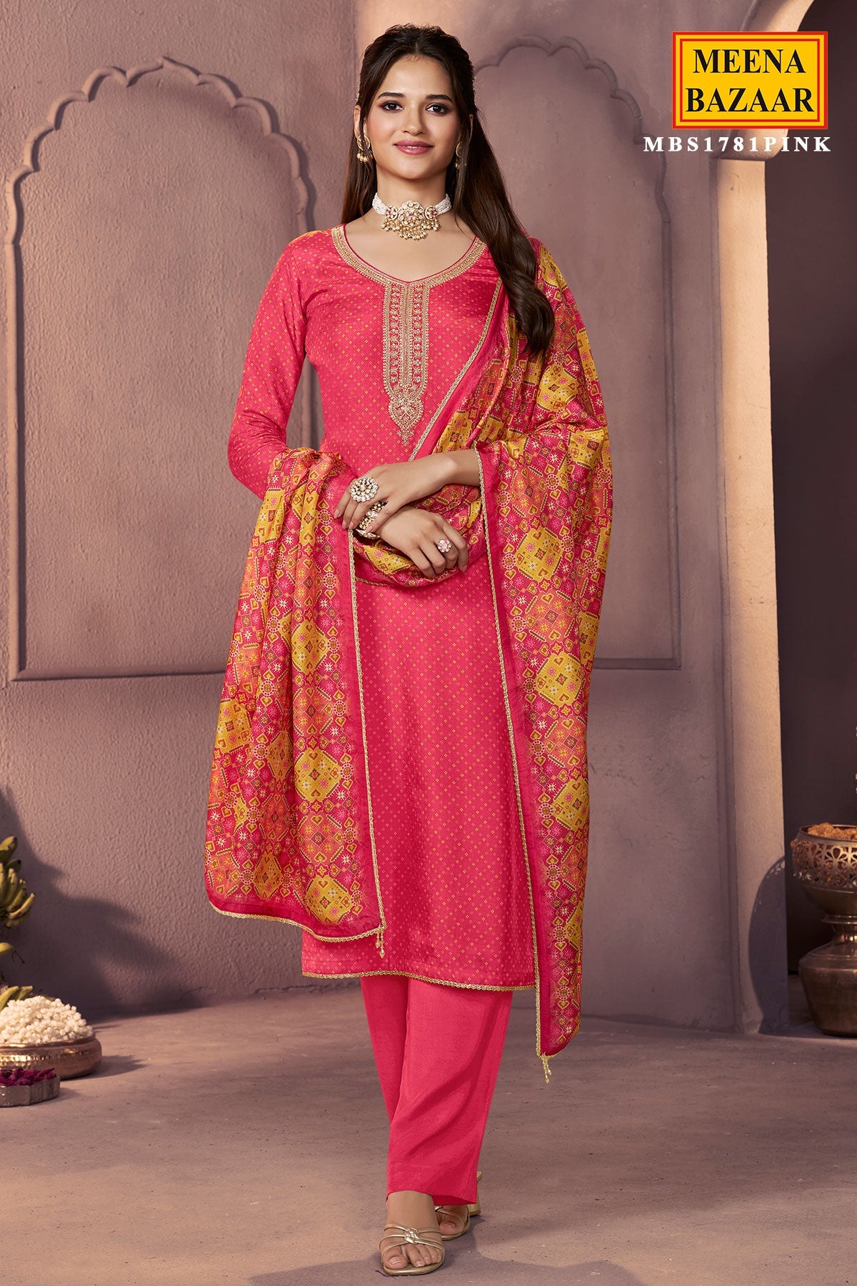 Pink Silk Ready Made Suit with Neck Embroidery