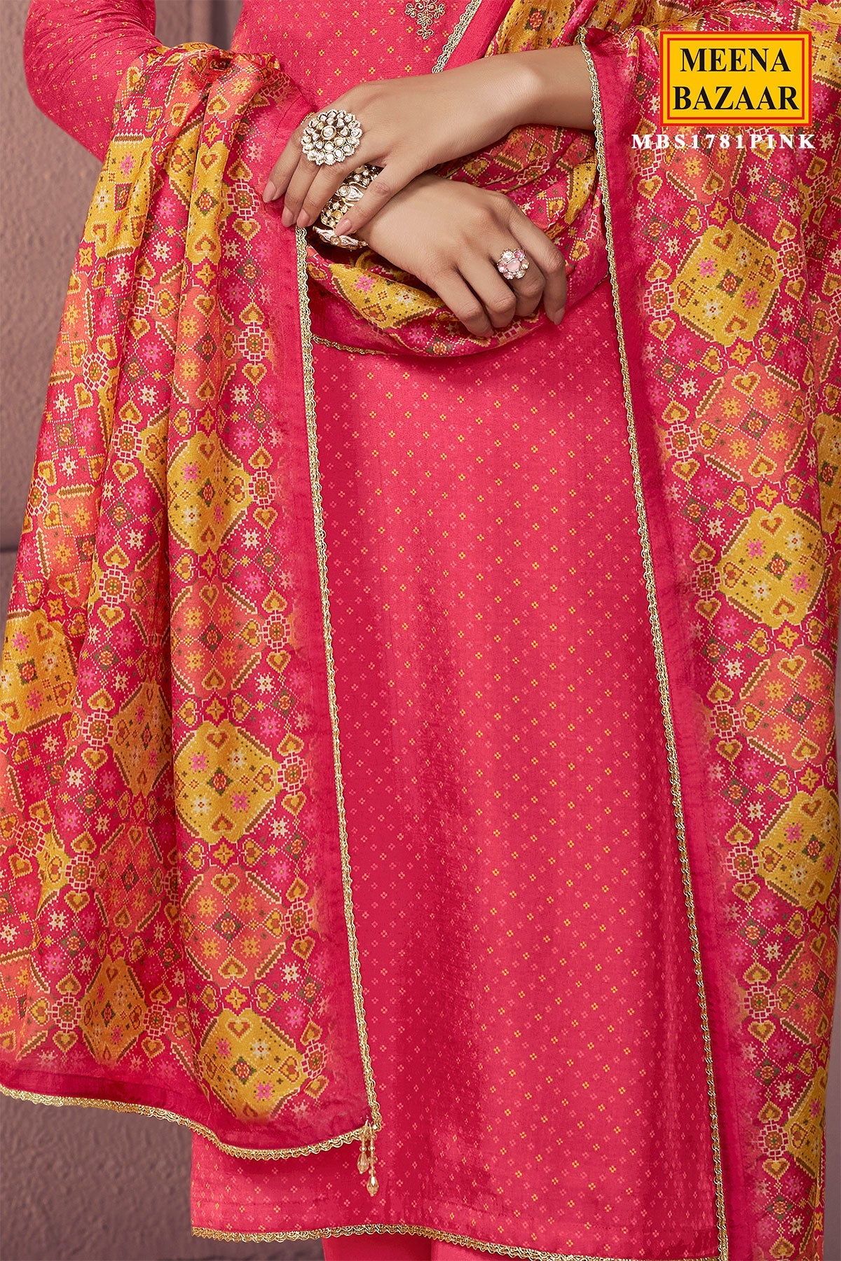 Pink Silk Ready Made Suit with Neck Embroidery