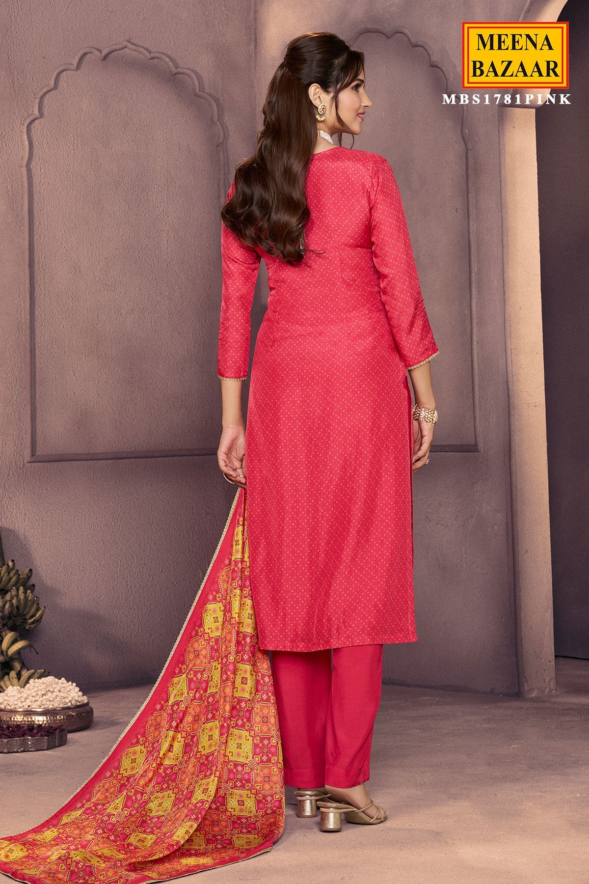 Pink Silk Ready Made Suit with Neck Embroidery