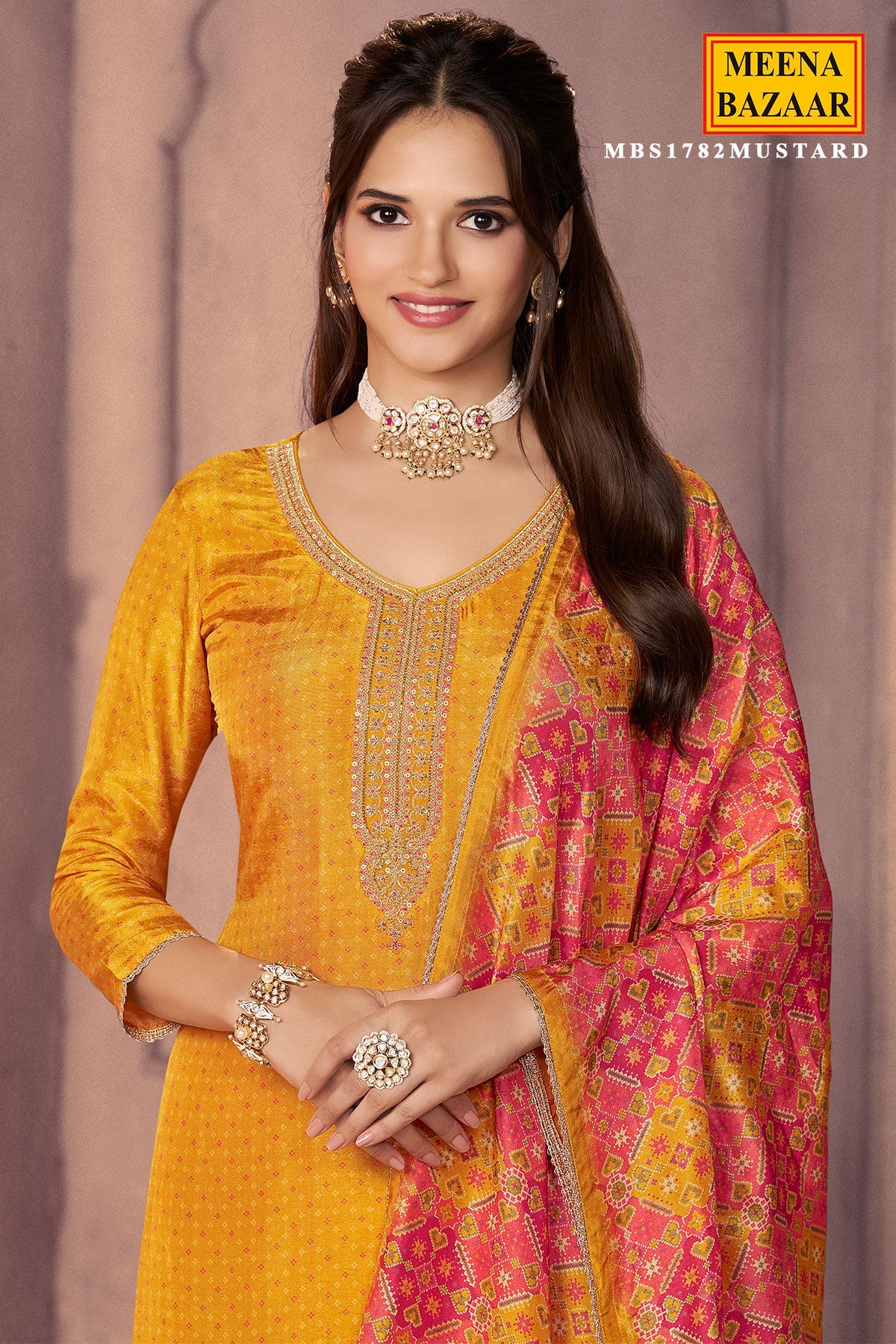 Mustard Silk Ready Made Suit with Neck Embroidery