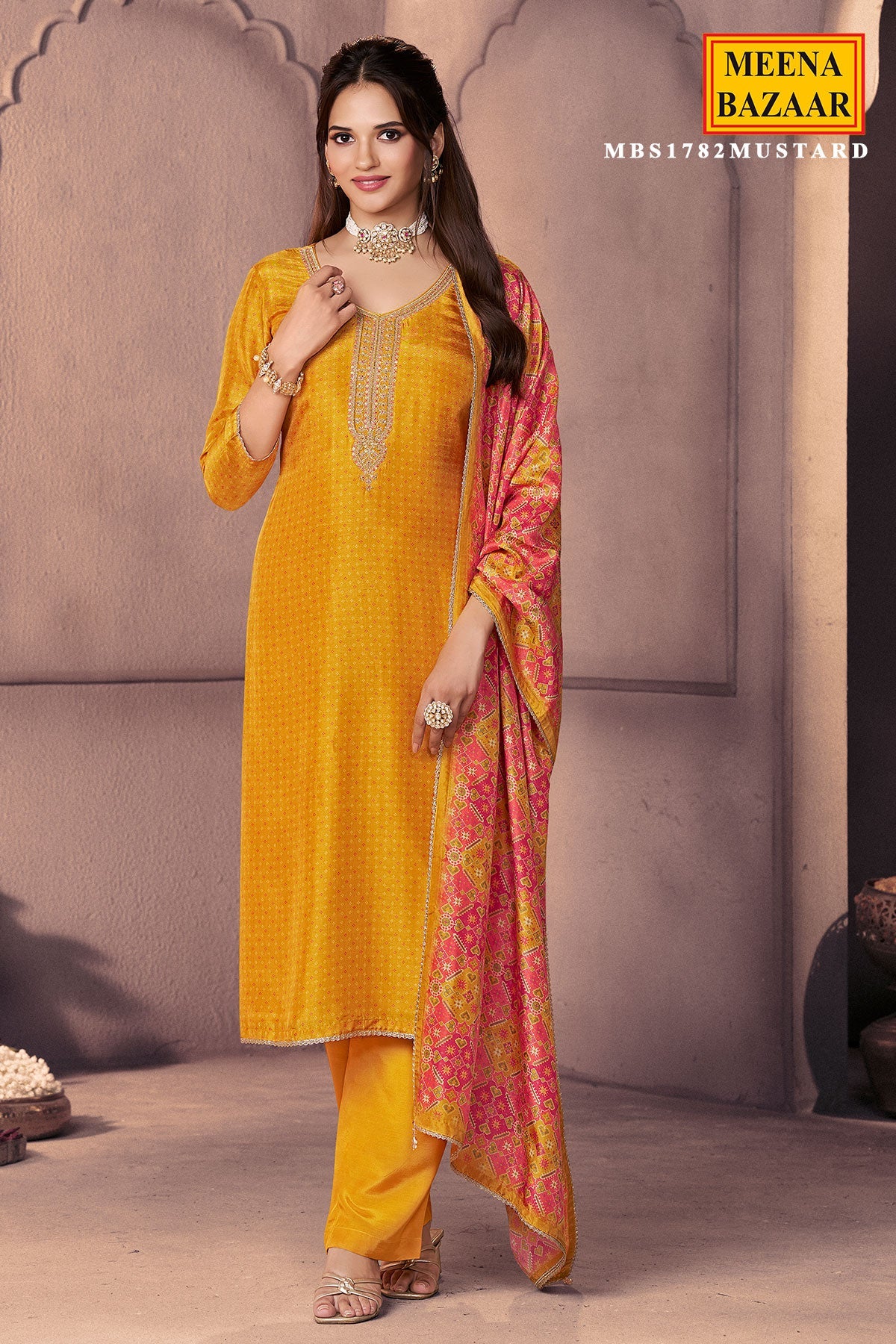 Mustard Silk Ready Made Suit with Neck Embroidery