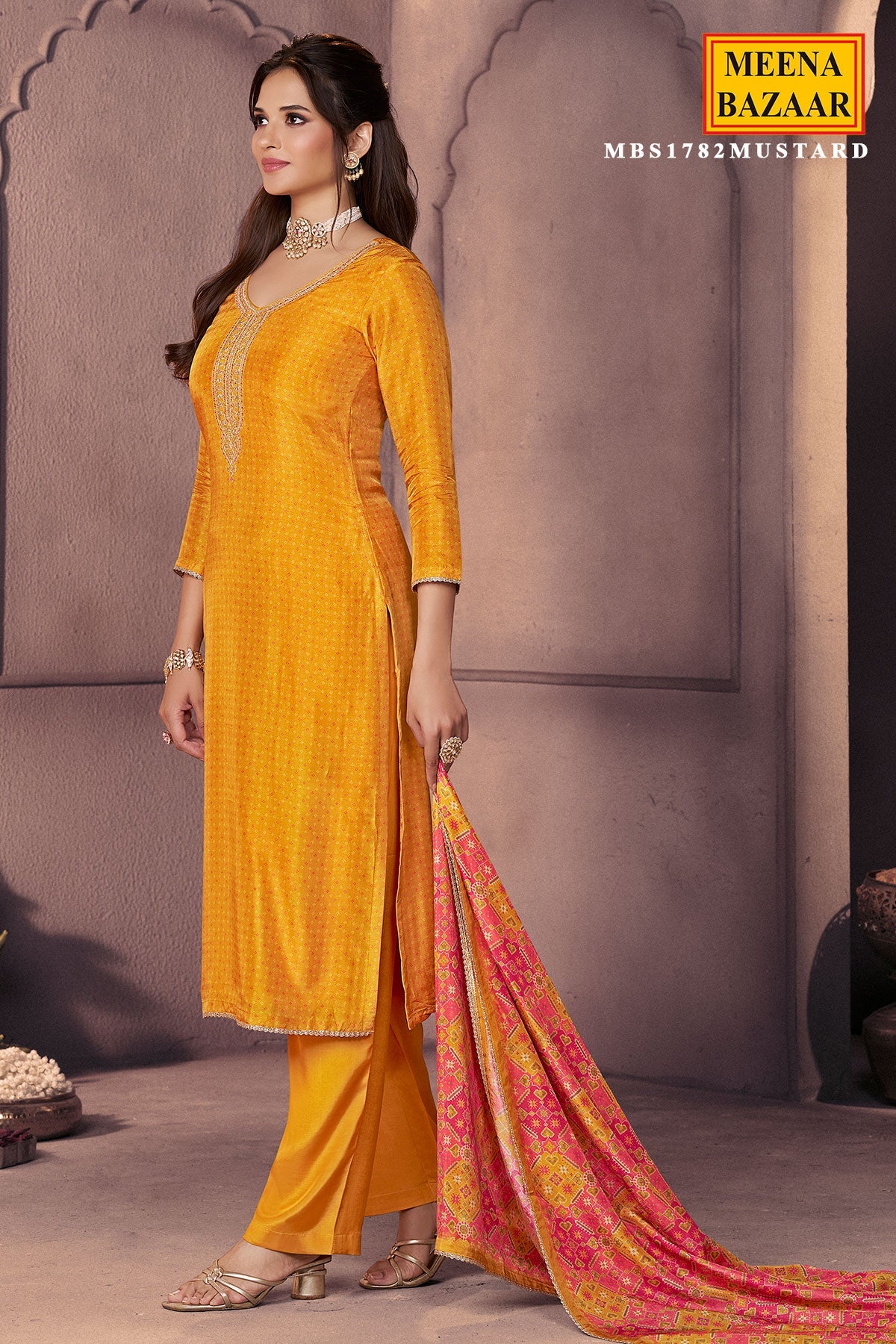 Mustard Silk Ready Made Suit with Neck Embroidery