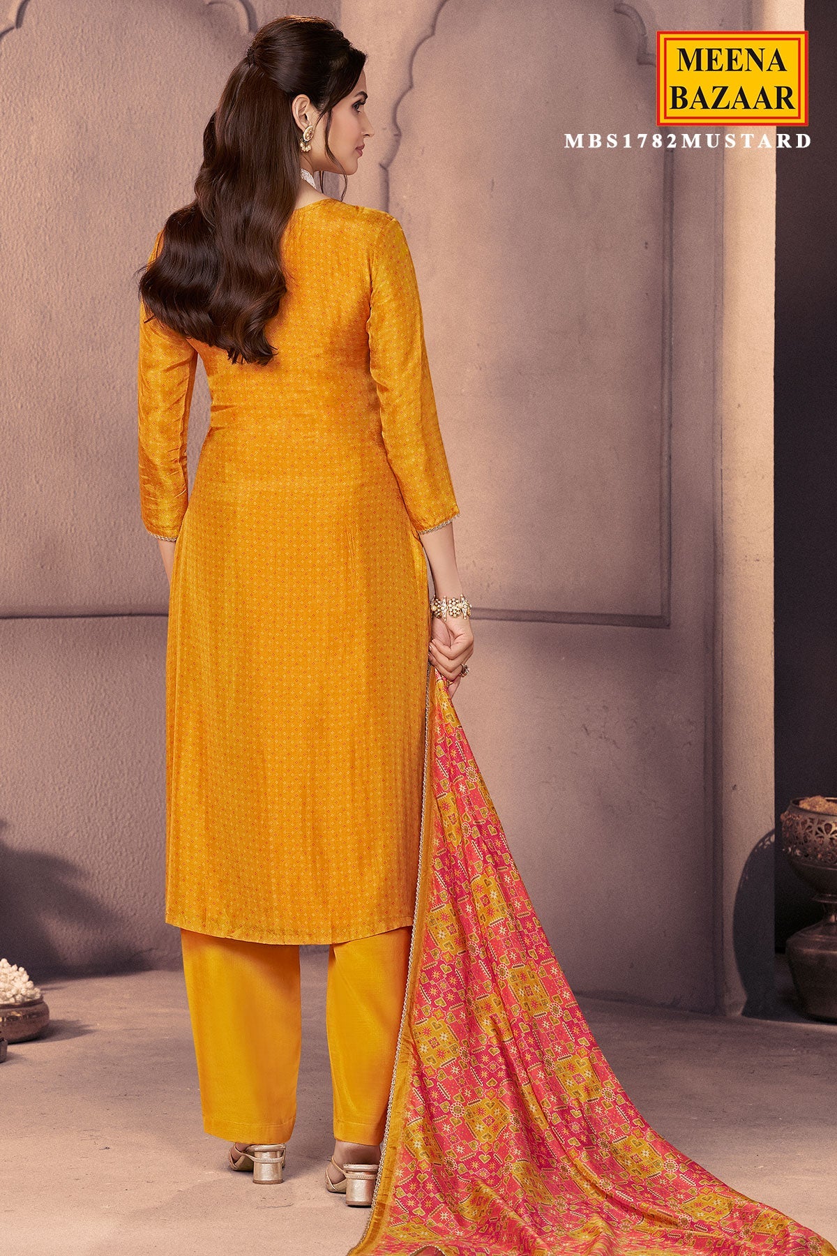 Mustard Silk Ready Made Suit with Neck Embroidery