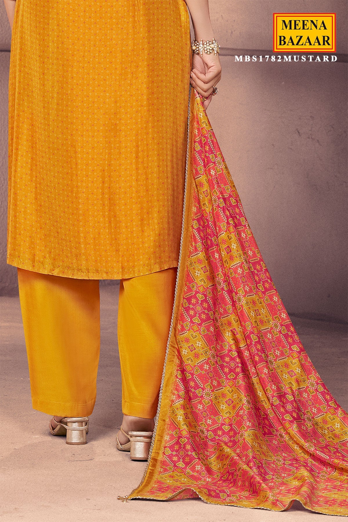 Mustard Silk Ready Made Suit with Neck Embroidery