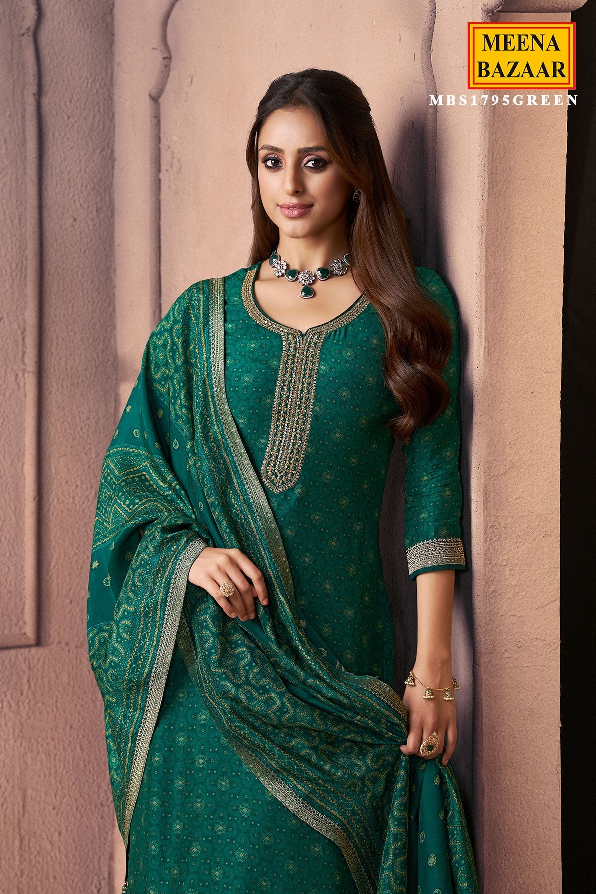 Green Silk Ready Made Suit with Neck Embroidery