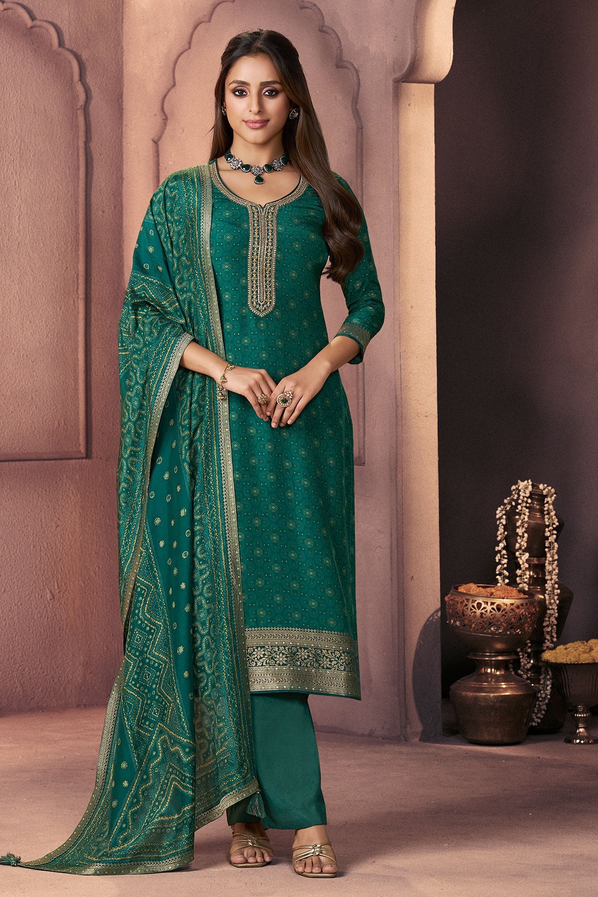 Green Silk Ready Made Suit with Neck Embroidery
