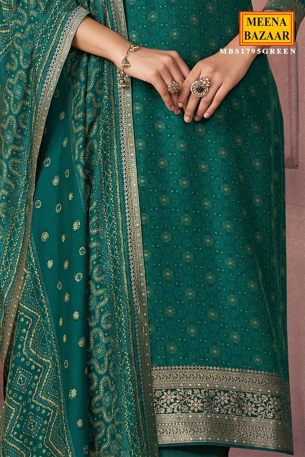 Green Silk Ready Made Suit with Neck Embroidery