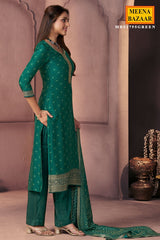 Green Silk Ready Made Suit with Neck Embroidery