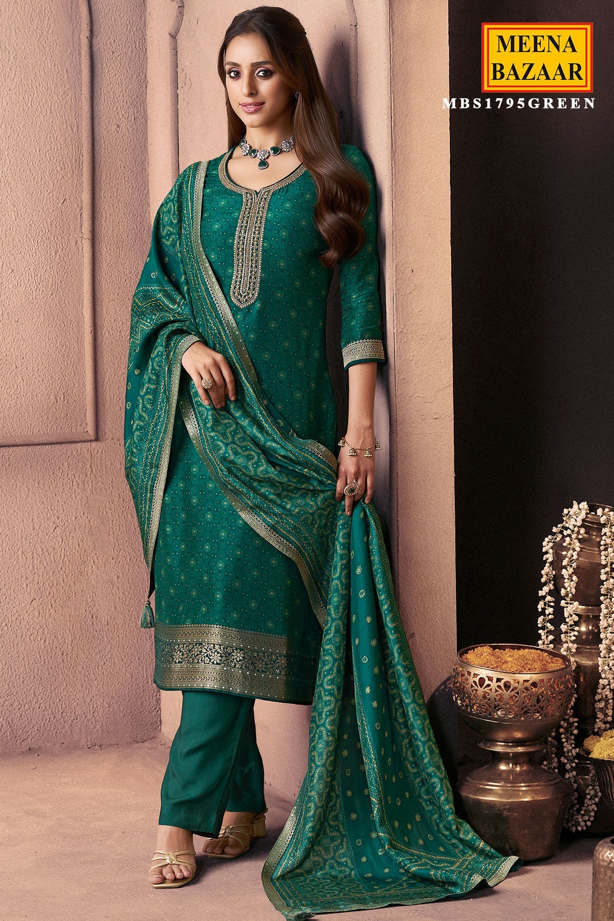 Green Silk Ready Made Suit with Neck Embroidery