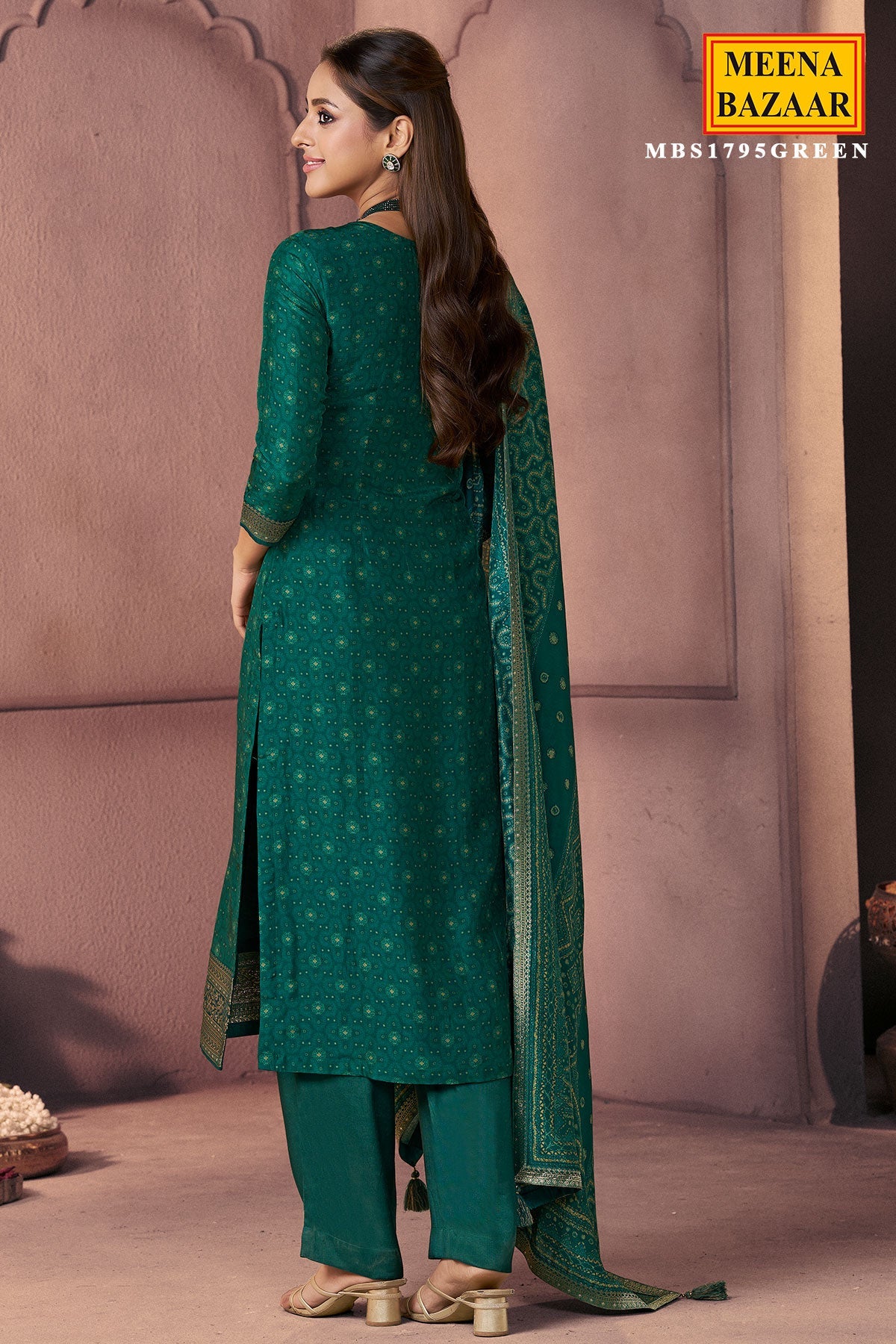 Green Silk Ready Made Suit with Neck Embroidery