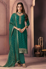 Green Silk Ready Made Suit with Neck Embroidery