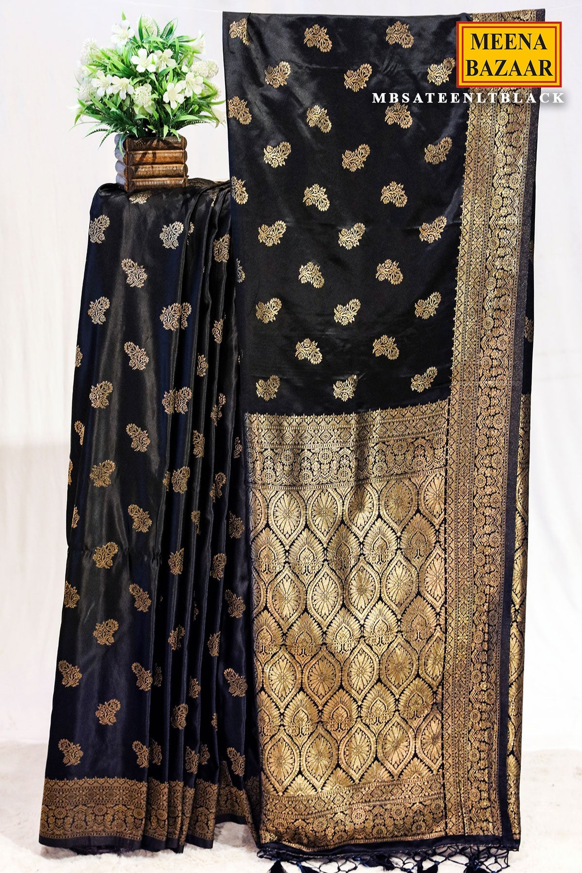 Sateen Black Silk Weaving Buti Saree