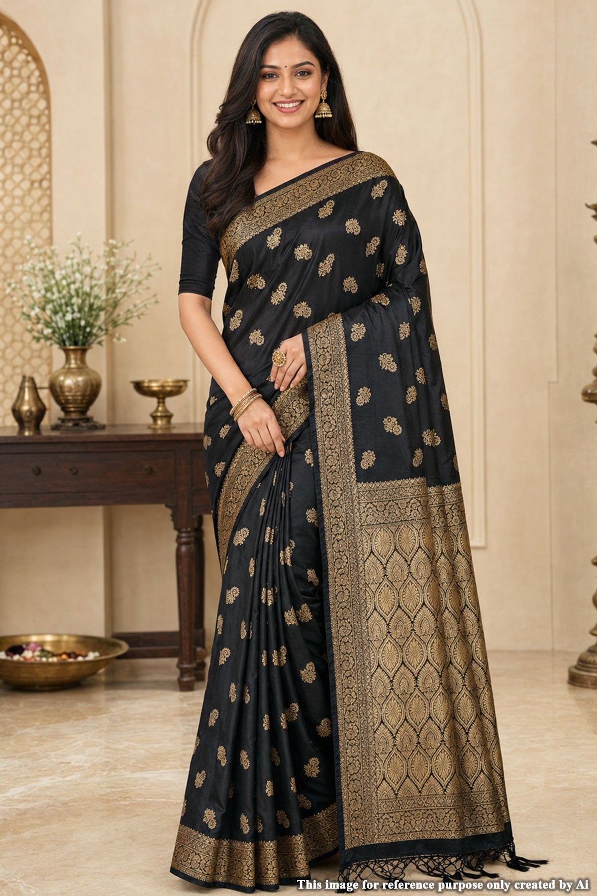 Sateen Black Silk Weaving Buti Saree