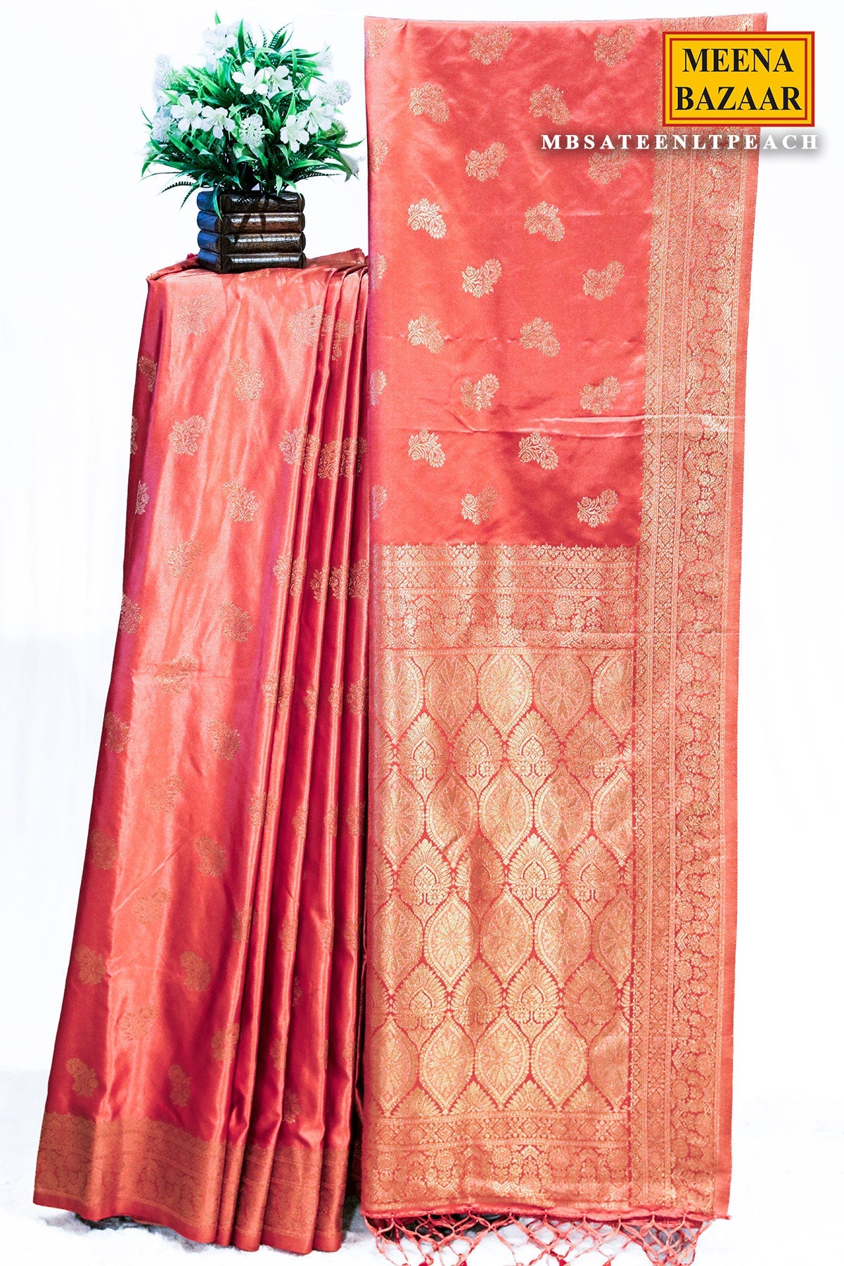 Sateen Peach Silk Weaving Buti Saree