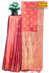 Sateen Peach Silk Weaving Buti Saree
