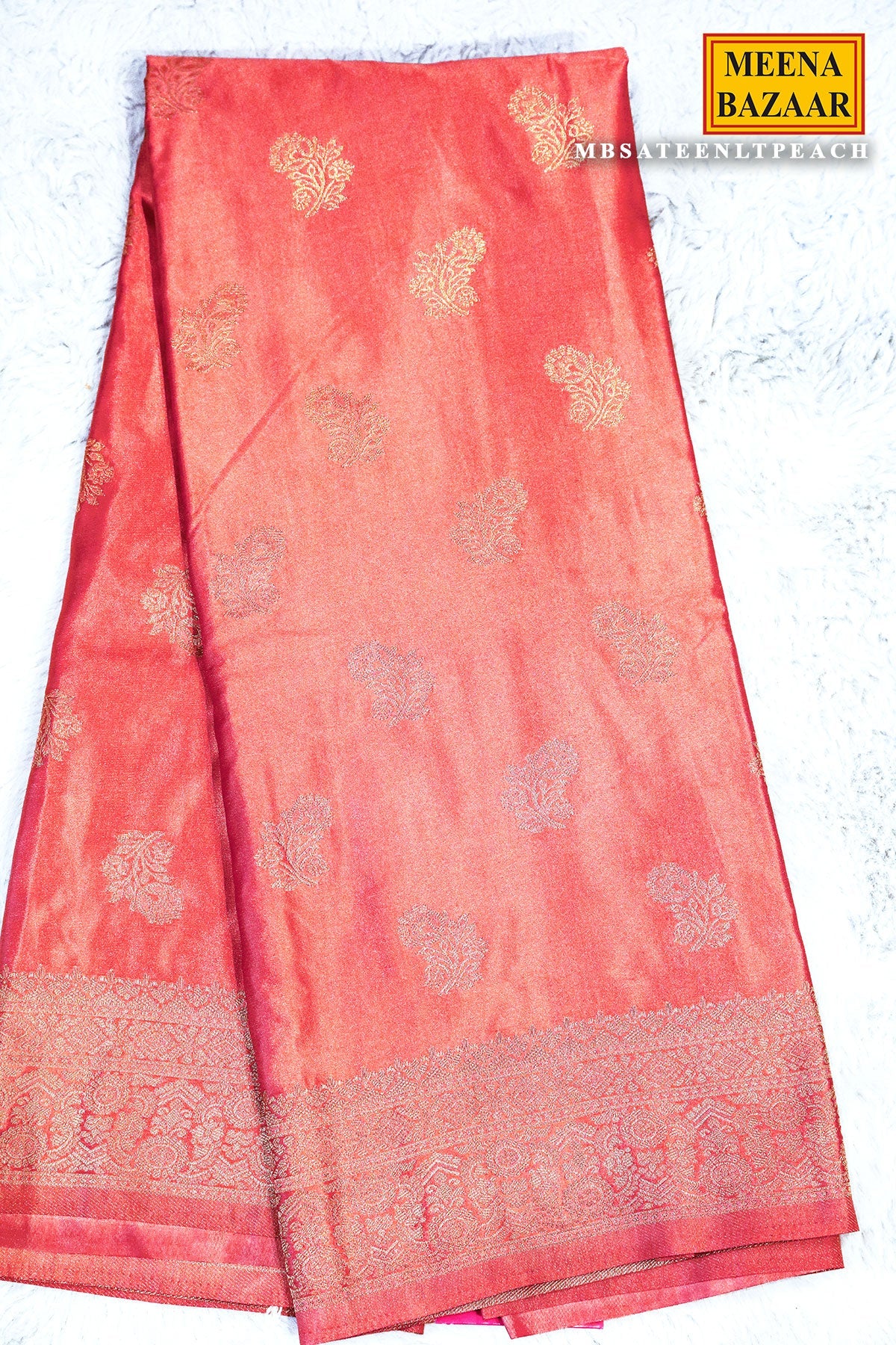 Sateen Peach Silk Weaving Buti Saree