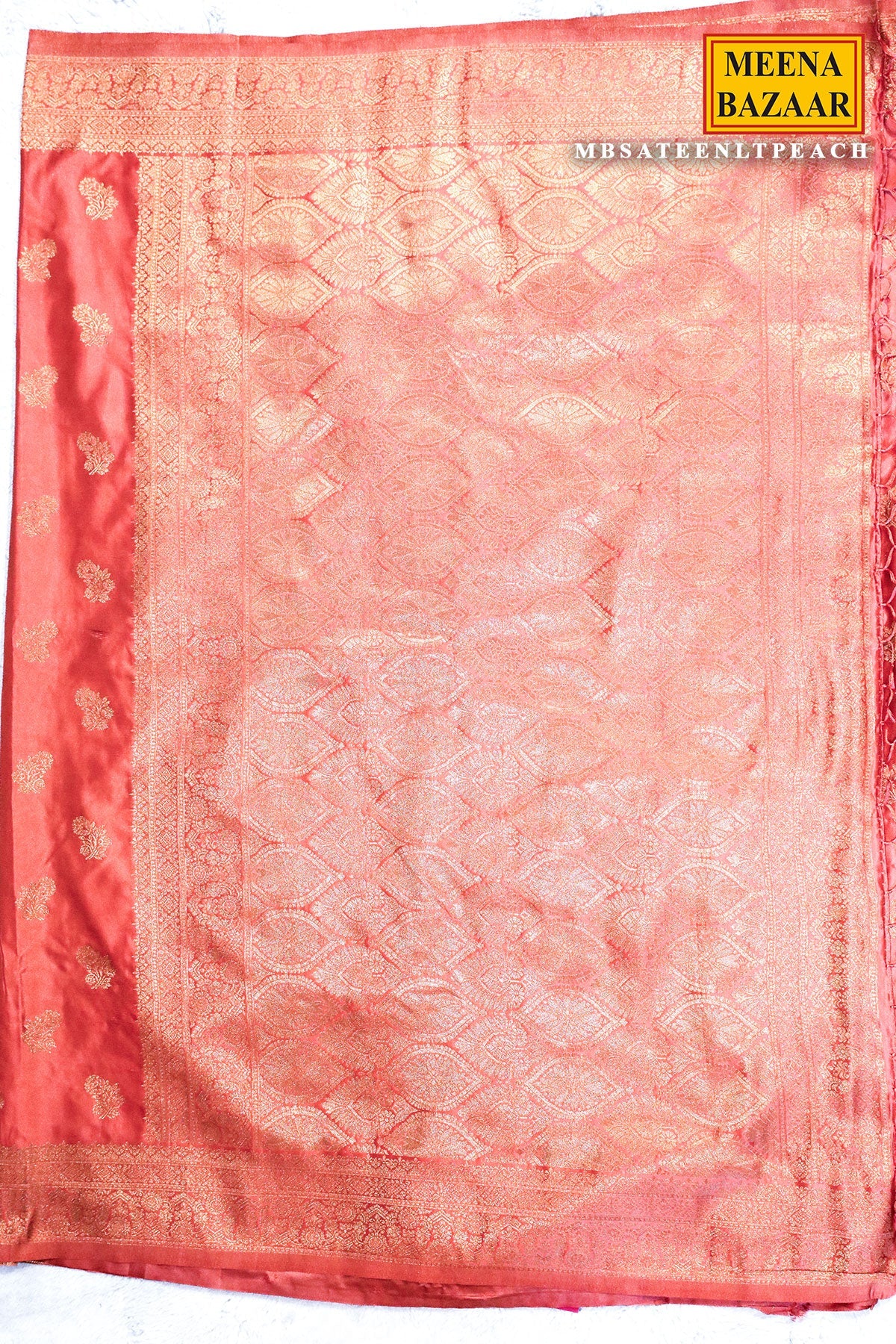 Sateen Peach Silk Weaving Buti Saree