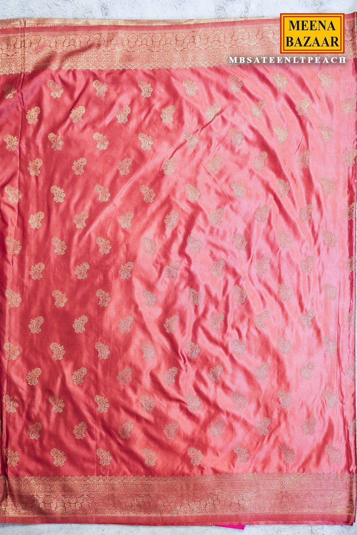 Sateen Peach Silk Weaving Buti Saree