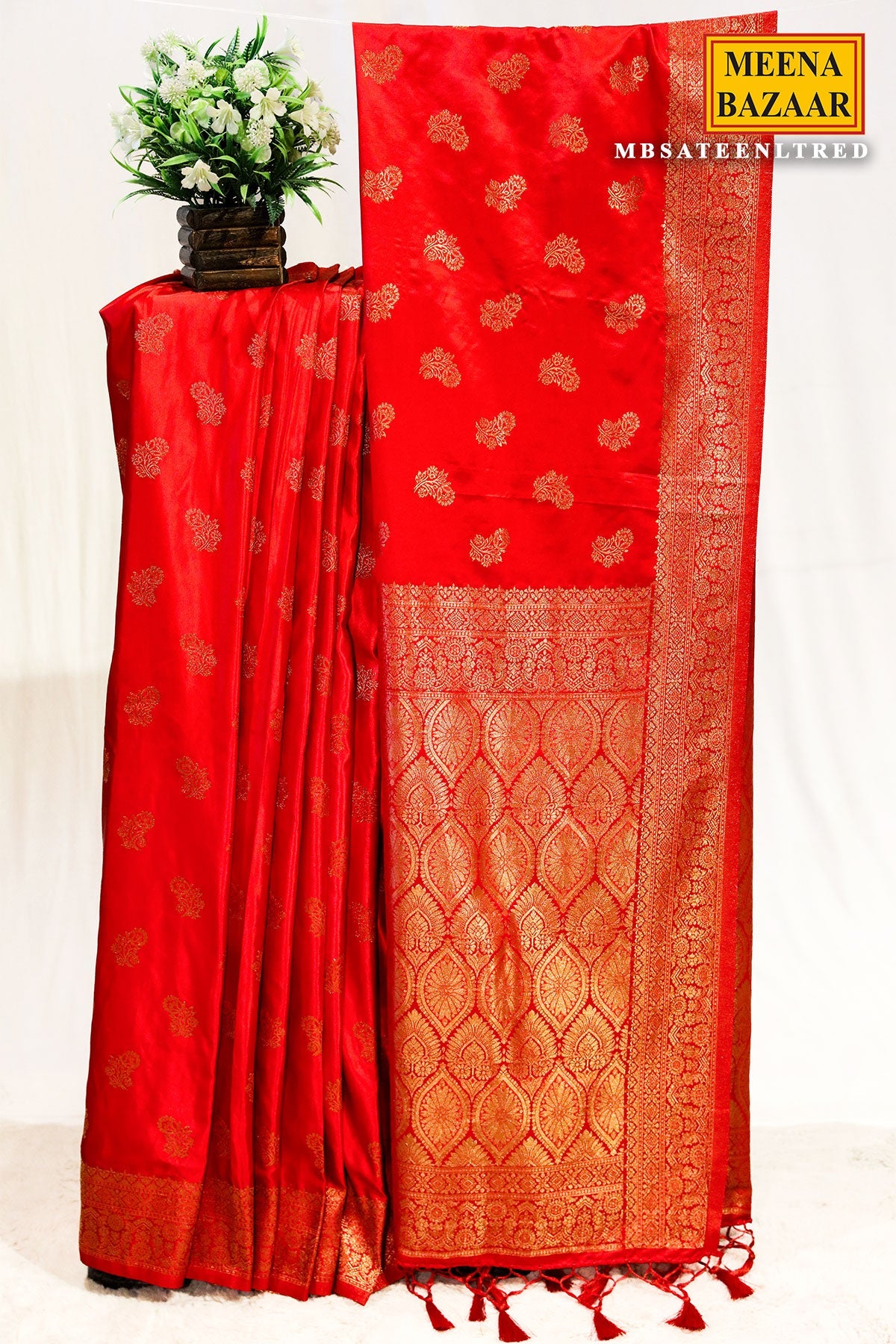 Sateen Red Silk Weaving Buti Saree
