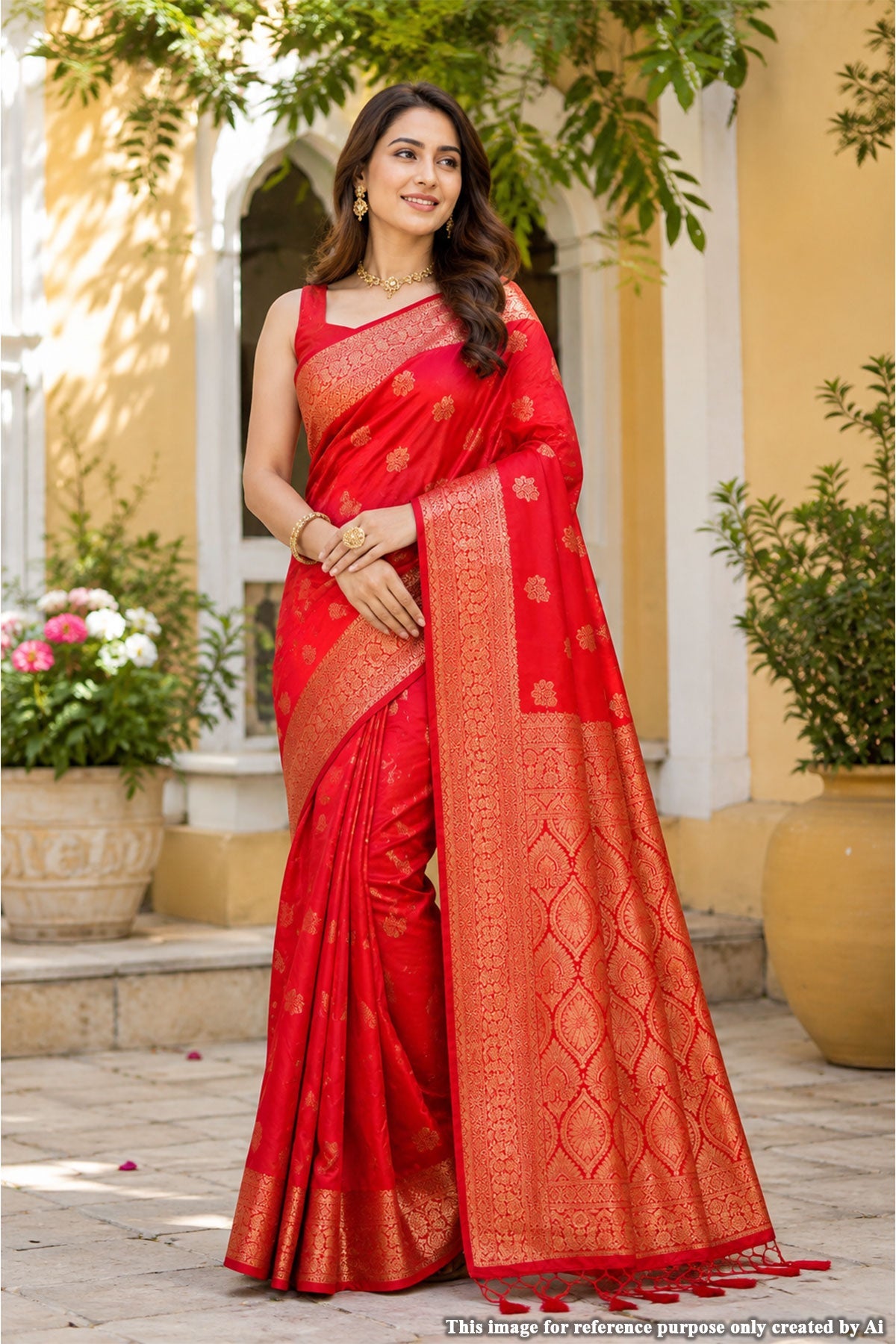 Sateen Red Silk Weaving Buti Saree
