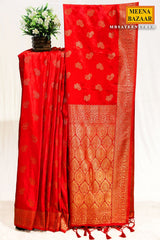 Sateen Red Silk Weaving Buti Saree